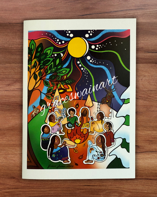 Colourful Indigenous woodland artwork with people and nature elements on a wooden surface.