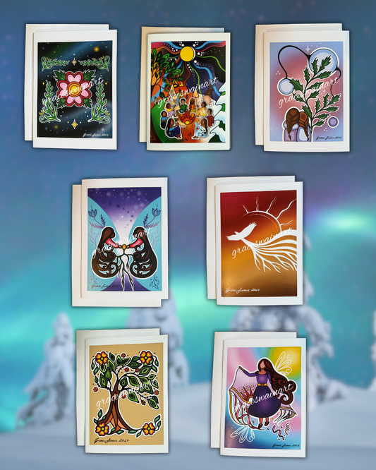 Collection of seven Indigenous woodland art style colorful greeting cards with artistic designs on a blue gradient background. 