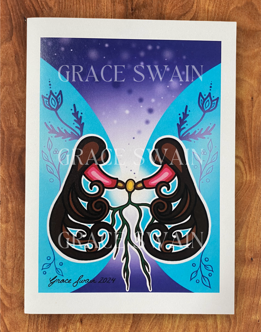 A greeting card with a colourful Indigenous woodland art design featuring two stylized figures that represent Indigenous women, with a background of blue and purple, and the artist's signature at the bottom.